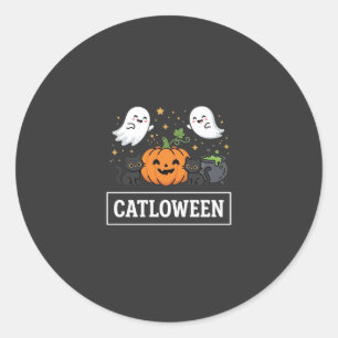 Pegatina Redonda Diseño de Catloween Gato Fantasma Lindo Halloween_