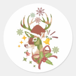 Pegatina Redonda Diseño de Ciervo Colorido de Navidad