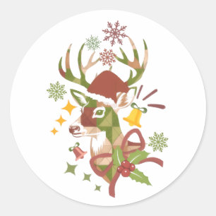 Pegatina Redonda Diseño de Ciervo Colorido de Navidad