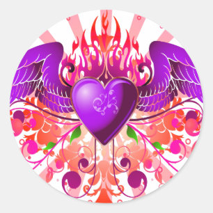 Pegatina Redonda Diseño de corazón alado con grunge púrpura
