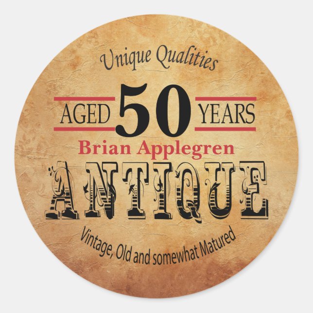 Pegatina Redonda Diseño de cumpleaños 50 años, antigüedad y cosecha (Anverso)