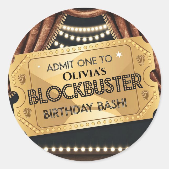 Pegatina Redonda Diseño de cumpleaños con tema de película Blockbus (Anverso)
