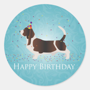 Pegatina Redonda Diseño de cumpleaños de Basset Hound Happy