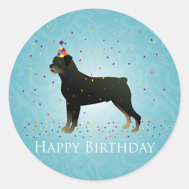 Pegatina Redonda Diseño de cumpleaños de Rottweiler (Anverso)