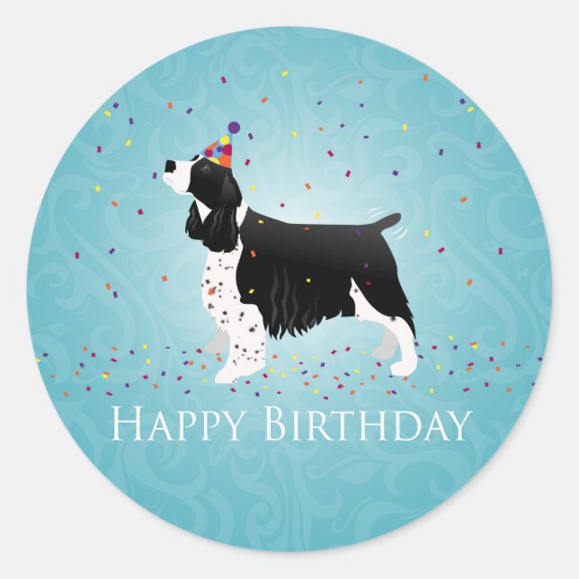 Pegatina Redonda Diseño de cumpleaños español de English Springer. (Anverso)