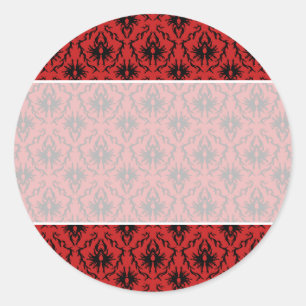 Pegatina Redonda Diseño de Damasco Rojo y Negro.