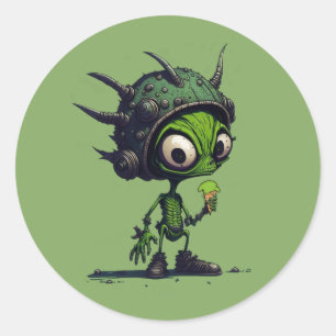 Pegatina Redonda Diseño de dibujos animados alienígenas comiendo co