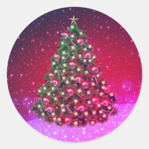 Pegatina Redonda Diseño de espuma de árbol de Navidad rosa