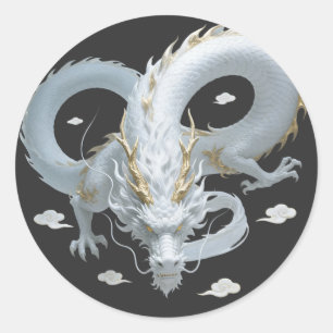 Pegatina Redonda Diseño de Fantasía Artística de Dragón de Oro Blan