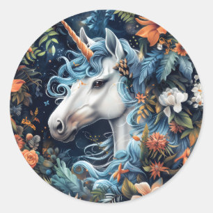Pegatina Redonda Diseño de fantasía de unicornio y flores