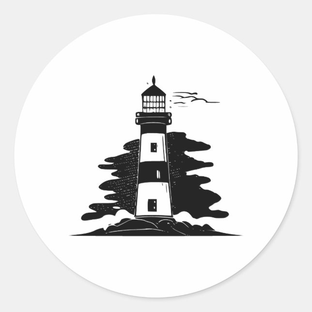 Pegatina Redonda Diseño de faro Minimalista BW (Anverso)