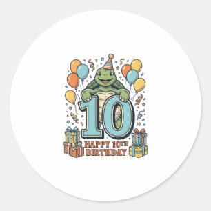 Pegatina Redonda Diseño de fiesta vintage de cumpleaños 10 de tortu