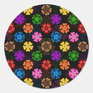 Pegatina Redonda Diseño de flores de arcoíris retro coloridas negro