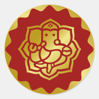 Pegatina Redonda Diseño de Ganesha Dorado