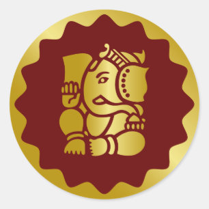 Pegatina Redonda Diseño de Ganesha Dorado