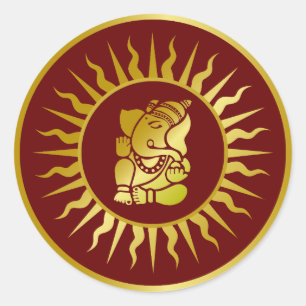 Pegatina Redonda Diseño de Ganesha Dorado