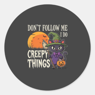Pegatina Redonda Diseño de gato bruja de Halloween cosas espeluznan