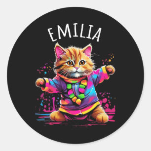 Pegatina Redonda Diseño De Gato De Baile Colorido De Emilia Para No