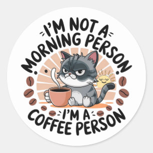 Pegatina Redonda Diseño de gato divertido de primer café