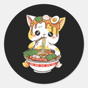 Pegatina Redonda Diseño de gato Ramen estilo Kawaii divertido anime