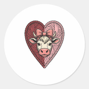 Pegatina Redonda Diseño de grabado vintage de corazón de vaca lindo