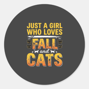 Pegatina Redonda Diseño de Halloween de chicas gatos de otoño_1