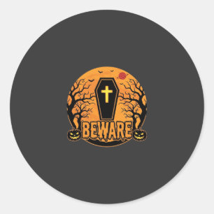 Pegatina Redonda Diseño de Horror de Calabaza Cuidado Ataúd de Hall
