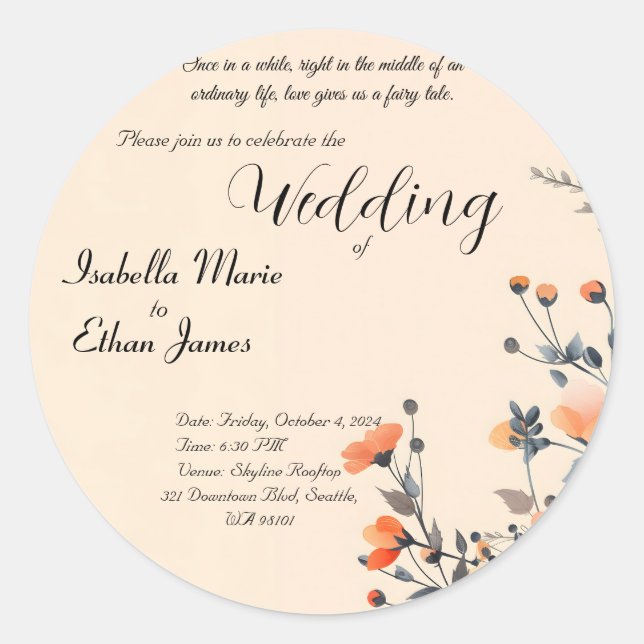 Pegatina Redonda Diseño de invitaciones románticas florales y suave (Anverso)
