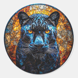 Pegatina Redonda Diseño de Jungla con Mosaico de Pantera Majestuosa