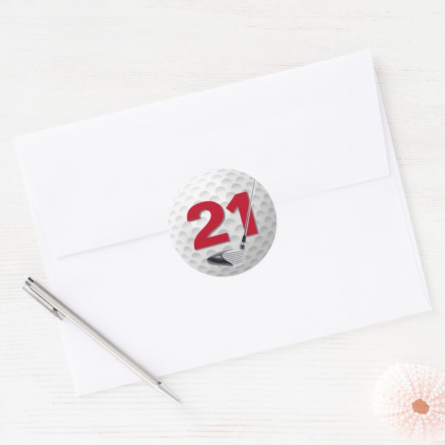 Pegatina Redonda Diseño de la pelota de golf de cumpleaños 21 (Sobre)