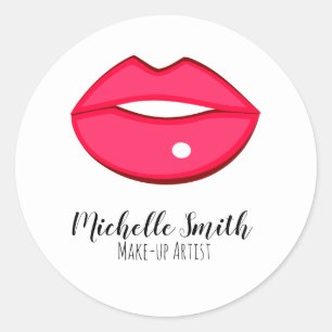 Pegatina Redonda Diseño de labios rosados calientes Artista de maqu