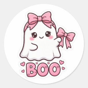Pegatina Redonda Diseño de lazo de fantasma de Halloween rosa lindo