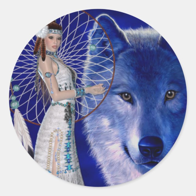 Pegatina Redonda Diseño de Lobo Azul y Mujer Nativa Estadounidense (Anverso)