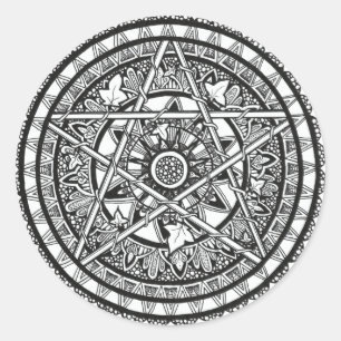 Pegatina Redonda Diseño de mandala de hiedra blanca y negra