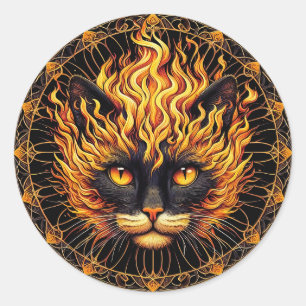 Pegatina Redonda Diseño de Mandala para gatos de incendio místico