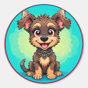 Pegatina Redonda Diseño de Mascota Divertida Perro de Dibujos Anima