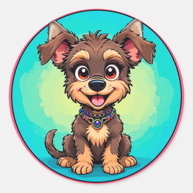 Pegatina Redonda Diseño de Mascota Divertida Perro de Dibujos Anima (Anverso)