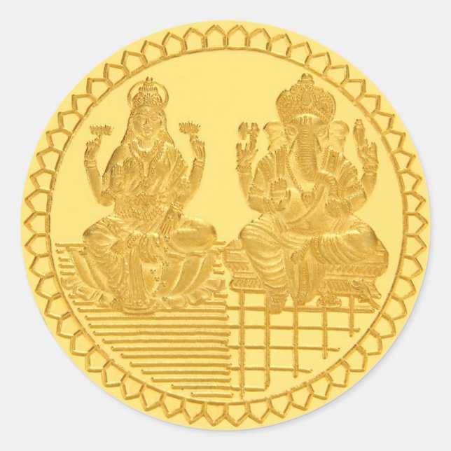 PEGATINA REDONDA DISEÑO DE MONEDAS DE ORO LAKSHMI Y GANESH (Anverso)