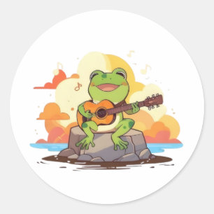 Pegatina Redonda Diseño de música kawaii de rana con guitarra en pu