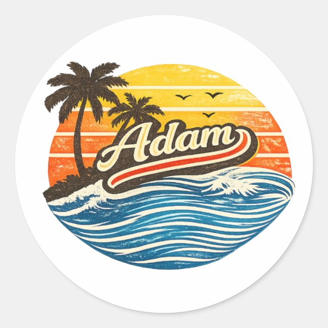 Pegatina Redonda Diseño de nombre Adam Retro Sunset (Anverso)