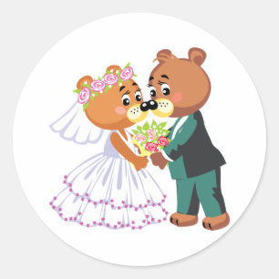Pegatina Redonda diseño de ositos de novia y novio lindos para boda