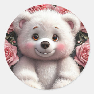 Pegatina Redonda Diseño de Oso Floral Adorable – Regalo Dulce, Romá