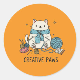 Pegatina Redonda Diseño de papelería naranja de gato de tejer lindo