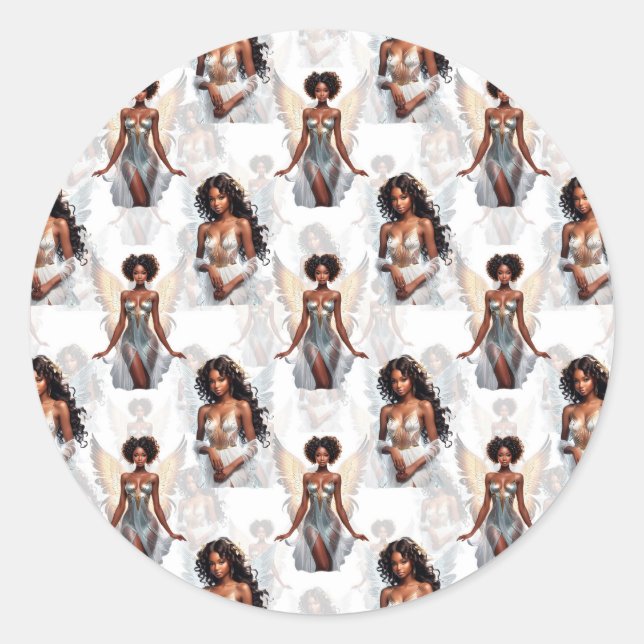 Pegatina Redonda Diseño de patrón de ángeles hermosas chicas negras (Anverso)