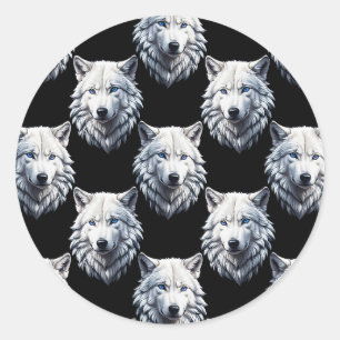 Pegatina Redonda Diseño de patrón de cabeza de lobo blanco