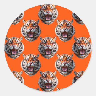 Pegatina Redonda Diseño de patrón de cabeza de tigre naranja