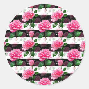Pegatina Redonda Diseño de patrón de flor Rosa de fondo a rayas