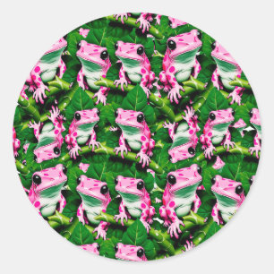 Pegatina Redonda Diseño de patrón de rana rosa en hoja verde