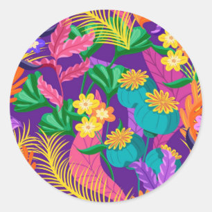 Pegatina Redonda Diseño de patrón floral exótico colorido