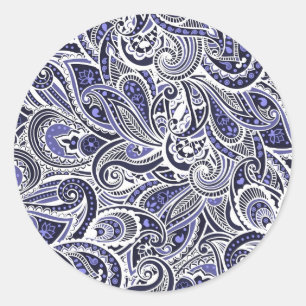 Pegatina Redonda Diseño de patrones de cachemira azules blancos lin